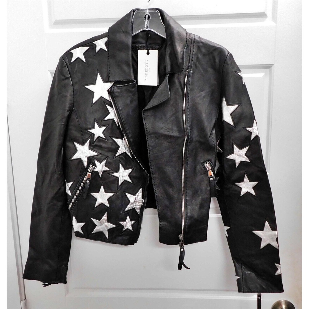 New Be Edgy Black Sheepskin Leather Zip Bomber Jacket with Silver Stars sz S